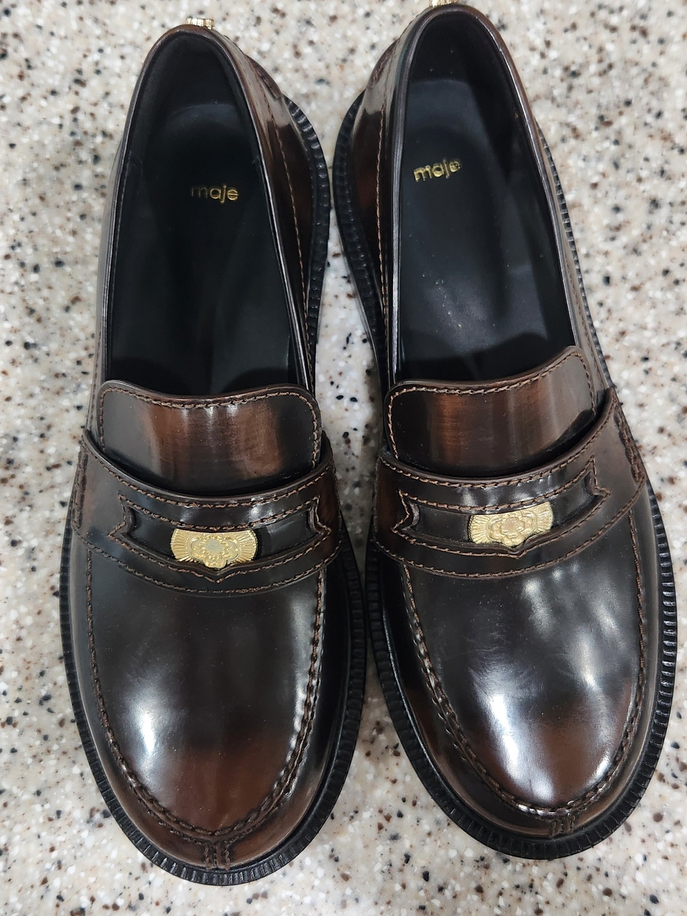 Maje Womens Brown Burnished Leather Penny Loafers with Gold Accent